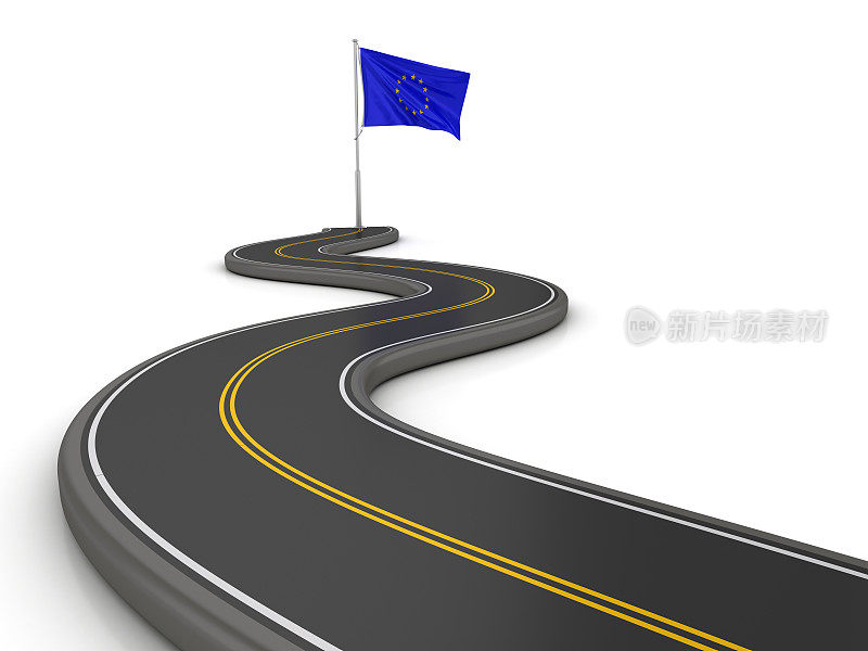 蜿蜒道路上的欧盟旗帜- 3D渲染